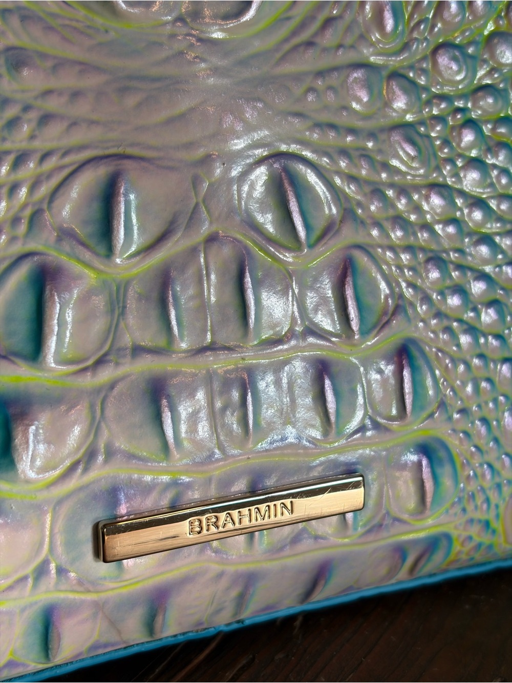 Brahmin ESME Cotton Candy Iridescent Turquoise Croc-Embossed Shoulder Bag - Picture 3 of 13